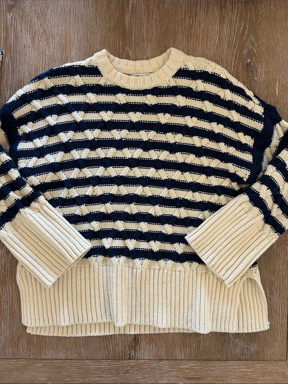 MADEWELL | Chunky Knit Navy and Cream Striped Crewneck Sweater